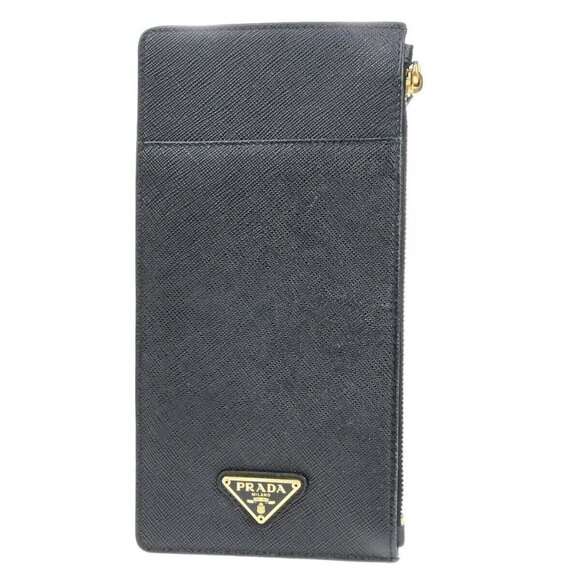 PRADA Logo Saffiano Card Holde Long Wallet Leather Black Gold Italy - Picture 1 of 13